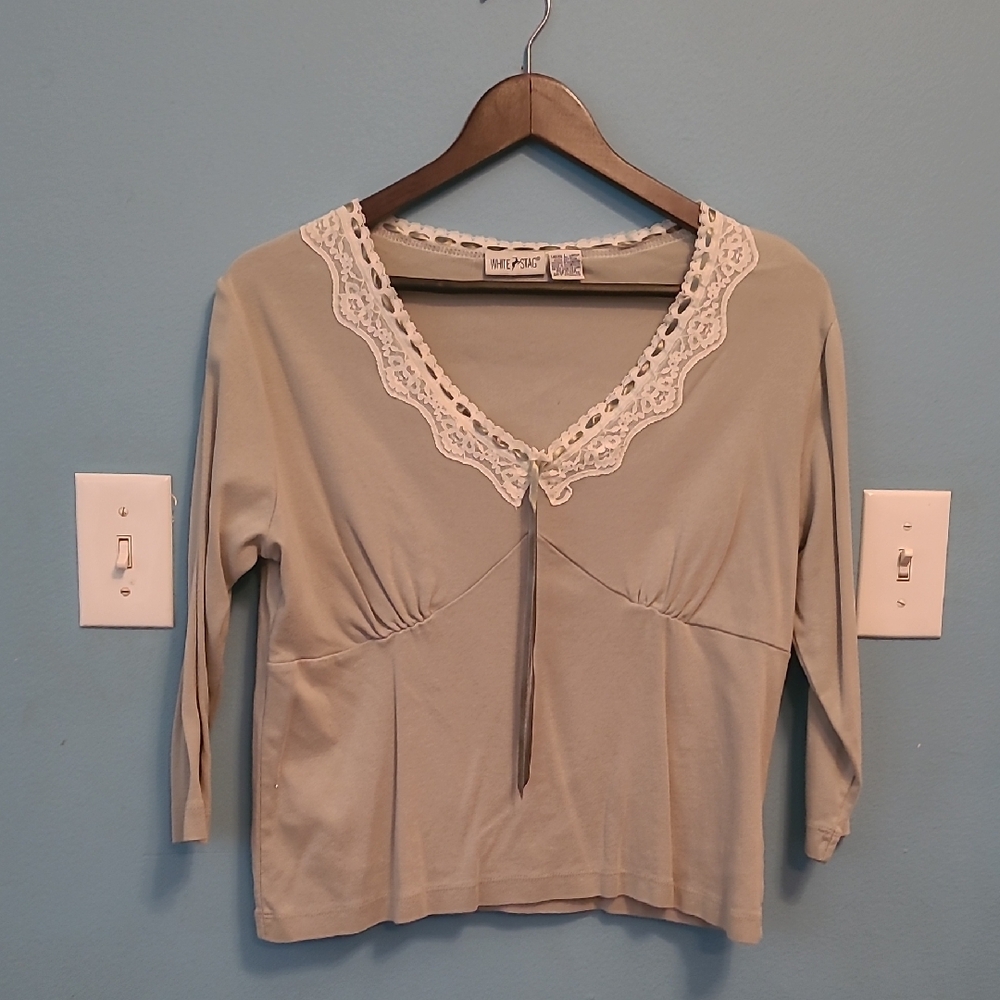 White Stag Gray Lace Trim Blouse